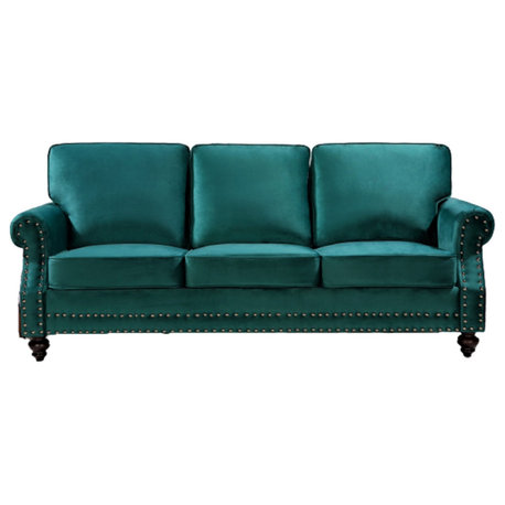 Classic Velvet Sofa with Rolled Arms, Nailhead Accents & Solid Wood Legs, Green