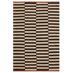 Bareens Designer Rugs - Chic Turkish Kilim Kristyn Hand-Woven Wool Rug - 5'6'' x 7'11'' - Elevate the elegance of your home with this stunning hand-woven tribal Kilim wool rug. Meticulously crafted on a loom by the Nomad Turkman people using hand-spun wool and 100% natural vegetable dyes, these rugs are recognized for their repetitive geometric patterns, incorporating naturalistic floral and traditional designs. The contemporary fashion palette results in bold, sharp patterns that are incredibly versatile, as the pattern is the same on both sides. These reversible rugs feature a lighter shade on one side and brighter colors on the other, providing versatility according to preference. These unique rugs are made by knotting short strands of different colors onto the warps and securing them by tightly pressing the wefts. The designs are created by interweaving the various colored wefts and warps. Kilims are known for their exceptional durability and versatility, making them truly unique rugs.  Product Details    Rug Size: 5'6'' x 7'11''  Material: 100% Wool  Style: Kilim, Flat Weave, Dhurrie, Turkish, Southwestern, Rustic, Tribal  Colors: Beige, Black  Weave Type: Hand-Woven, Handmade  Pile Height: Less than 0.25 inch