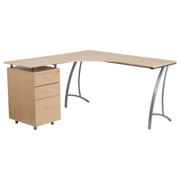 Beech Laminate L-Shape Desk With 3-Drawer Pedestal