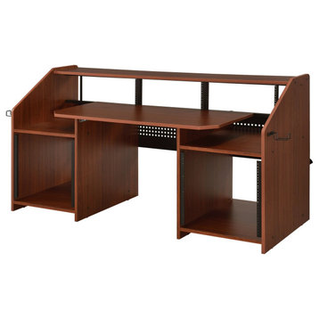 Modern Desk, Rectangular Top With Open Shelves & Metal Accents, Natural/Black