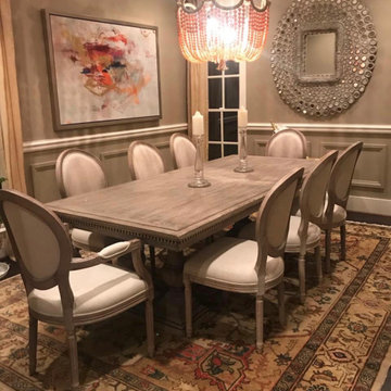 Our Serapi offers balance to this farmhouse elegant dining space!