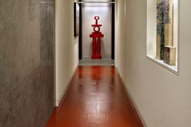 Inspiration for a mid-sized porcelain tile and red floor hallway remodel in Chicago with white walls