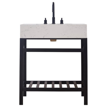 Merano Stainless Steel Vanity Console With Aosta White Stone Countertop, Matte Black, 30", No Mirror