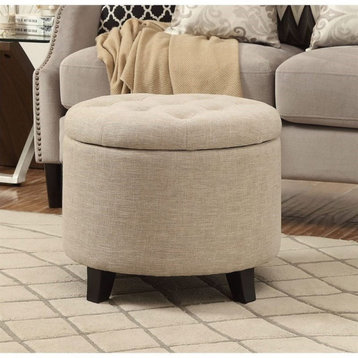 Designs4Comfort Round Ottoman in Off White Tan Upholstery with Wood Legs