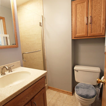 Small Bathroom Remodel with Corian Countertop, Beige Tiled Shower ~ Copley, OH