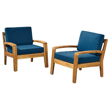 GDF Studio Outdoor Wood Club Chairs, Water Resistant Cushions, Set of 2, Teak/Dark Teal