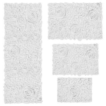 Bell Flower Collection Tufted Bath Rug, 4-Piece Set With Runner, White