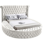 Meridian Furniture - Luxus Button Tufted Velvet Round Bed, Cream, King - Marvel at the remarkable beauty and graceful lines of this round Luxus cream velvet king size bed. The headboard, footboard and side rails are all adorned with deep button tufting, and there is nailhead trim on both sides of the tall headboard. The footboard and side rails all contain ample storage and seating, making it easy to sit down in comfort so you can put on your pants or shoes.
