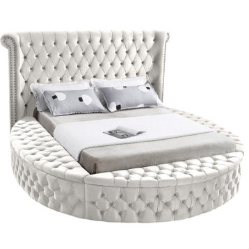 Luxus Button Tufted Velvet Round Bed, Cream, King