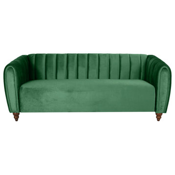 Worden Modern Glam Velvet Channel Stitch 3 Seater Sofa, Emerald + Walnut