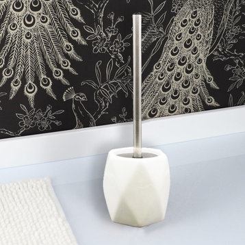 Bath Toilet Bowl Brush and Holder Diamond Stoneware White, White