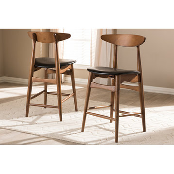 Flora Black Faux Leather Upholstered Walnut Counter Stool, Set of 2
