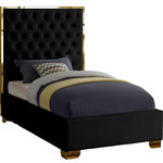Meridian Furniture - Lana Velvet Bed, Black, Twin - Make the Lana black velvet bed part of your dream bedroom setup. This bed has all of the bells and whistles you want, including a super tall headboard that stands nearly five-feet tall. The bed is covered in black velvet fabric for a luxe look, and it's deeply tufted for added luxuriousness. The headboard is soft and welcoming against your back and head as you read or watch TV in bed, and the bed rests on gold legs for dependable sturdiness and durability. Use it without a box spring or foundation, since the slats are included.