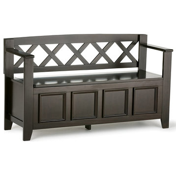 Transitional Storage Bench, Pine Wood Frame With X-Shaped Back, Dark Brown