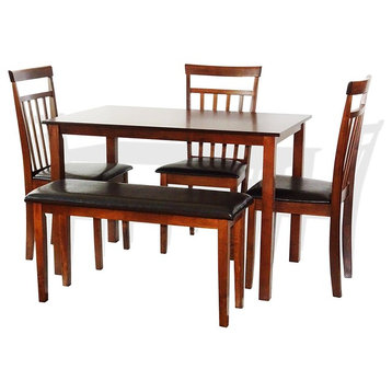 Dining Kitchen Set, Rectangular Table 3 Wooden Chairs 1 Stained Bench, Medium Brown