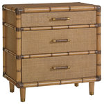 Tommy Bahama Home - Parrot Cay Nightstand - The 3-drawer nightstand features leather-wrapped bamboo carved moldings, raffia drawer fronts and end panels accented by tapered feet with antique brass-finished metal ferrules. Pairs well with the St. Kitts rattan bed.