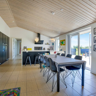 オールボーの広い北欧風 LDKの画像 (白い壁、暖炉なし、ベージュの床)