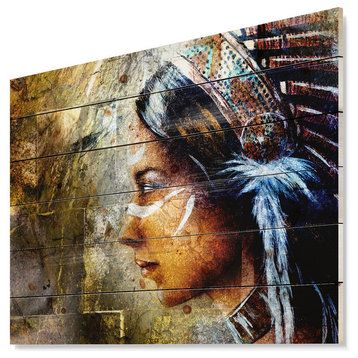Designart Indian Woman Headdress Portrait Wood Wall Art 46x36