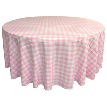 LA Linen Round Gingham Checkered Tablecloth, White and Pink, 132" Round