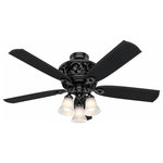 Hunter - Hunter 59545 Promenade - 54" Ceiling Fan with Light Kit - The neo-Victorian inspired PromenadeGs multi-dimensional detailing brings a modern feel to classic style. The gloss black ornate pattern on the housing embraces negative space against a matte base to create depth and dimension worthy of the centerpiece to your room. Coupled with elegant blade detailing, this fan adds a fresh look to both updated traditional as well as transitional spaces. The powerful DC motor, LED light bulbs and handheld remote bring this ornate fan into a new era.Reversible motor allows you to change the direction of your fan from downdraft mode during the summer which helps cool the room to updraft mode during the winter to help circulate trapped warm air near the ceiling.13 degree blade pitch optimized to ensure ideal air movement and peak performance5 Black Oak blades includedIncludes 3 9W energy-efficient, dimmable LED bulbs to give you control of the ambiance in your spaceInstaller's Choice- three-position mounting system allows for standard, low, or angled mountingIncludes dimmable bulb(s) to give you complete control of the light output and create the ideal ambiance in your roomIncludes 3'' and 2'' downrods to ensure proper distance from the ceiling and optimize air movement at your preferred blade heightIncludes 3 Light light kit with Painted Cased White glassGloss Black finishIncludes Handheld Remote for easy speed and lighting adjustment from anywhere in the roomLED light kit for lower energy consumption, brighter light output and a longer lifespan than traditional bulbsRated for indoor spaces onlyInstaller's Choice- three position mounting system allows for standard, low or angled mountingAdjust speed and reverse ceiling fan direction with premium handheld remoteAudible beep confirms button command on remote controlPre-installed remote control receiver eliminates the common dead switch and maintains functionality of both switches on a dual switchRemote control receiver pre-installed in the fan eliminates the need for additional wiring6 SpeedsLimited Lifetime Motor Warranty is backed by the only company with over 130 years in the fan business.Limited Lifetime Motor3 Years30008008025000 Hours6No. of Rods: 2Mounting Direction: DownCanopy Included: YesShade Included: YesSloped Ceiling Adaptable: YesCanopy Diameter: 6.49 x 2.9Rod Length(s): 3.00Dimable: Yes Gloss Black Finish with Black Oak Blade Finish with Painted Cased White GlassThe neo-Victorian inspired PromenadeGs multi-dimensional detailing brings a modern feel to classic style. The gloss black ornate pattern on the housing embraces negative space against a matte base to create depth and dimension worthy of the centerpiece to your room. Coupled with elegant blade detailing, this fan adds a fresh look to both updated traditional as well as transitional spaces. The powerful DC motor, LED light bulbs and handheld remote bring this ornate fan into a new era. Reversible motor allows you to change the direction of your fan from downdraft mode during the summer which helps cool the room to updraft mode during the winter to help circulate trapped warm air near the ceiling. 13 degree blade pitch optimized to ensure ideal air movement and peak performance 5 Black Oak blades included Includes 3 9W energy-efficient, dimmable LED bulbs to give you control of the ambiance in your space Installer's Choice- three-position mounting system allows for standard, low, or angled mounting Includes dimmable bulb(s) to give you complete control of the light output and create the ideal ambiance in your room Includes 3'' and 2'' downrods to ensure proper distance from the ceiling and optimize air movement at your preferred blade height Includes 3 Light light kit with Painted Cased White glass Gloss Black finish Includes Handheld Remote for easy speed and lighting adjustment from anywhere in the room LED light kit for lower energy consumption, brighter light output and a longer lifespan than traditional bulbs Rated for indoor spaces only Installer's Choice- three position mounting system allows for standard, low or angled mounting Adjust speed and reverse ceiling fan direction with premium handheld remote Audible beep confirms button command on remote control Pre-installed remote control receiver eliminates the common dead switch and maintains functionality of both switches on a dual switch Remote control rec*Number of Bulbs: 3* Wattage: 9W*Bulb Type: E26 LED*Bulb Included:Yes