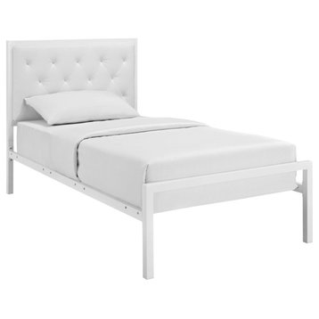 Modern Contemporary Twin Size Vinyl Bed Frame, White Faux Leather