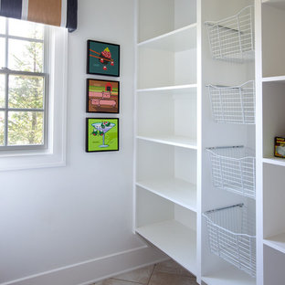 Large contemporary kitchen pantry appliance - Large trendy single-wall ceramic floor and beige floor kitchen pantry photo in Columbus with open cabinets, white cabinets, an undermount sink, wood countertops, multicolored backsplash, ceramic backsplash, stainless steel appliances and two islands