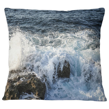 Waves Breaking on Stony Beach Seashore Throw Pillow, 16"x16"
