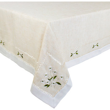 Farmhouse Embroidered Daisy Hemstitched Tablecloth, Natural, 55"x55"
