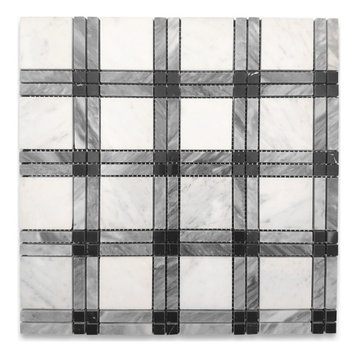 Carrara White Gray Black Marble Plaid Tartan Gingham Tile Polished, 1 sheet