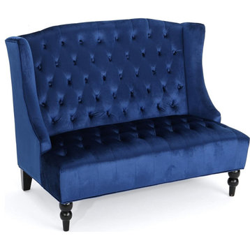 Traditional Loveseat, Velvet Padded Seat and Button Tufted Wingback, Navy Blue