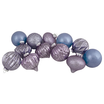 Set of 12 Purple Tone Finial and Glass Ball Christmas Ornaments