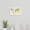 Animal Map of the World for children, Tan Wrapped Canvas Art Print, 18"x12"