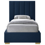 Meridian Furniture - Pierce Linen Textured Fabric Upholstered Bed, Navy, Twin - Give your bedroom a facelift with this Pierce linen textured bed. This twin-size bed features elegant navy linen textured upholstery that runs from its headboard, down its sides to its footboard, adding a sophisticated feel to your space. Deep channel tufting on the super tall headboard adds to its regal look, and it comes with both gold and chrome legs, so you can give it a personalized spin to match your decor preferences.