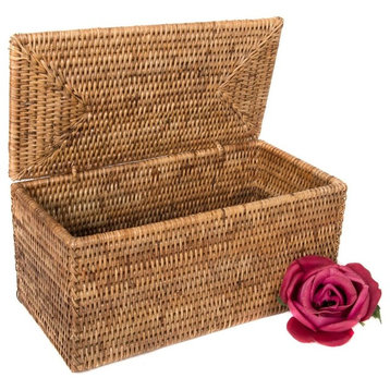 Artifacts Rattan™ Rectangular Double Toilet Roll Holder with Hinged Lid, Honey Brown