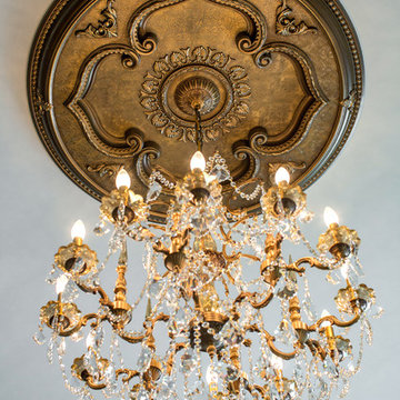 Gold Custom Ceiling Medallion with Crystal Chandelier