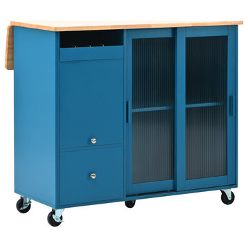 Rubberwood Kitchen Cart, Drop Leaf, Flip Cabinet Door, and 2 Drawers, Navy Blue