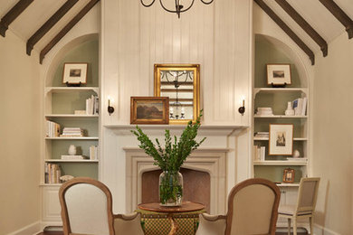 Example of a classic living room design in Seattle with white walls