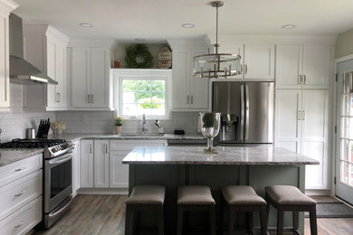 Eat-in kitchen - mid-sized transitional l-shaped vinyl floor and multicolored floor eat-in kitchen idea in Other with an undermount sink, flat-panel cabinets, green cabinets, quartz countertops, white backsplash, ceramic backsplash, stainless steel appliances, an island and gray countertops