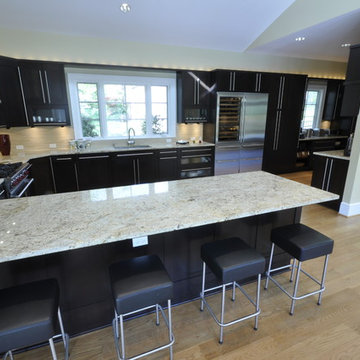 Transitional Dark Wood Cabinetry Kitchen with Beverage Center