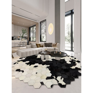 American style Round shaped diamond plaid cowhide patchwork rug, 3'3"x3'3", 2