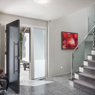 他の地域の中サイズの片開きドアモダンスタイルのおしゃれな玄関ロビー (グレーの壁、テラゾーの床、濃色木目調のドア、グレーの床) の写真