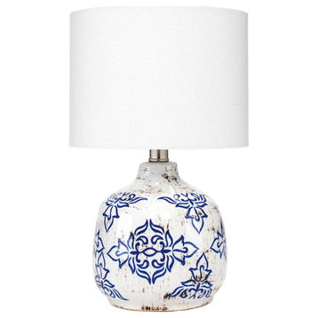 Vintage Style Blue White Floral Pattern Ceramic Table Lamp 15 in Medallion