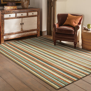 Malibu Indoor and Outdoor Striped Green and Blue Rug, 1'9"x3'9"