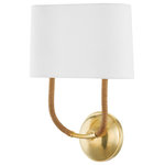 Hudson Valley - Webson 2-Light Sconce, Aged Brass - Webson's classic silhouette, swooping Aged Brass arms, and rounded white linen shades are accented by natural rattan wrapping for a soft organic feel. Available as a chandelier and 2-light wall sconce.