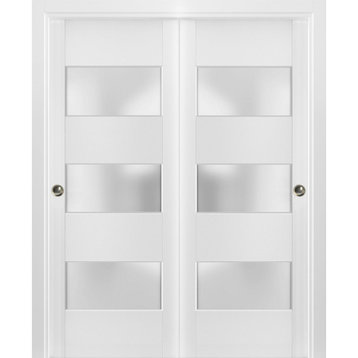 Closet Frosted Glass 3 Lites Bypass Doors 84 x 96, Lucia 4070 White Silk, Kit