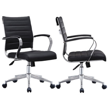 Set of 2 Mid Back Swivel Ribbed PU Leather Office Arm Chair Modern Ergonomic, Black