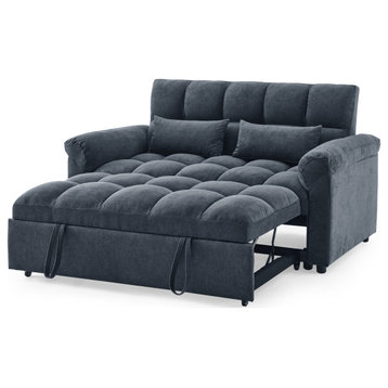 Loveseats Sofa Bed with Pull-out Bed,Adjsutable Back, Blue+grey