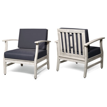 Fanny Outdoor Acacia Wood Club Chairs, Set of 2, Light Gray and Dark Gray