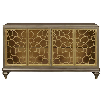 Elegant Console Table, Abstract Honeycomb Gold Doors & Inner Glass Shelf, Brown
