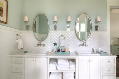 Example of a mid-sized transitional master white tile and ceramic tile bathroom design in Miami with shaker cabinets, white cabinets, blue walls, a drop-in sink and quartz countertops